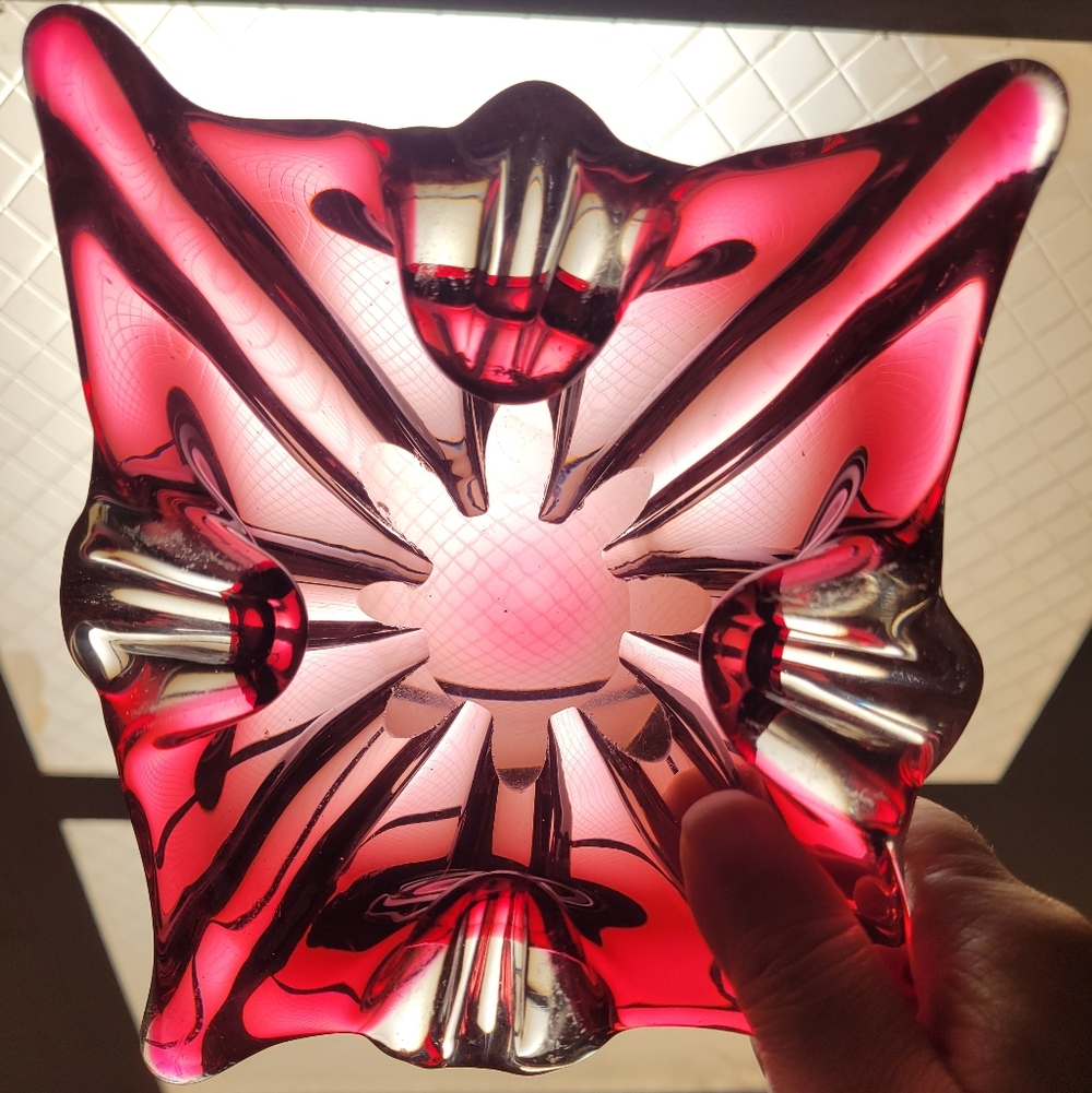 VTG MCM Murano Sommerso Art Glass Ashtray Bowl Square Cranberry Hand Blown RETRO - Picture 16 of 16